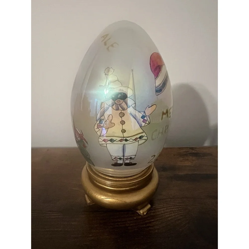 Les Hans‎ Inside Painted Glass Egg Renaissance Santa Wood Base Vintage